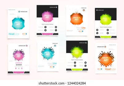 Abstract vector business template set. Brochure layout, cover modern design annual report, poster, A4 flyer with green squares, triangles, diagonal geometric shapes lines with texture background.