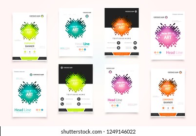 Abstract vector business template set. Brochure layout, cover modern design annual report, poster, A4 flyer with green squares, triangles, diagonal geometric shapes lines with texture background.
