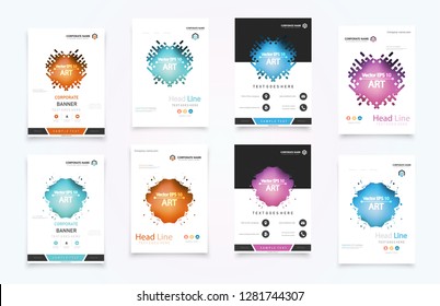 Abstract vector business template set. Brochure layout, cover modern design annual report, poster, A4 flyer with green squares, triangles, diagonal geometric shapes lines with texture background.