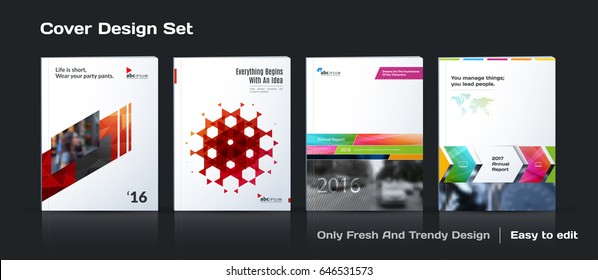 Abstract vector business template set. Brochure layout, cover modern design annual report, poster, A4 flyer with red squares, triangles, diagonal geometric shapes lines with texture background. 