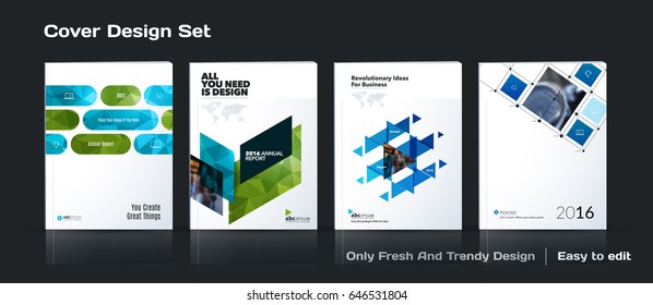 Abstract vector business template set. Brochure layout, cover modern design annual report, poster, A4 flyer with green squares, triangles, diagonal geometric shapes lines with texture background. 