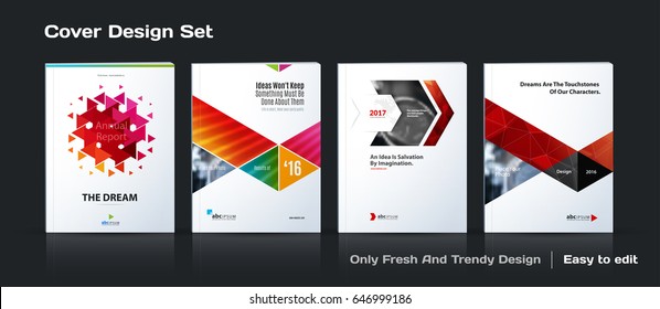 Abstract vector business template set. Brochure layout, cover modern design annual report, poster, A4 flyer with red squares, triangles, diagonal geometric shapes lines with texture background. 