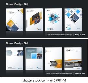 Abstract vector business template set. Brochure layout, cover modern design annual report, poster, A4 flyer with grey squares, triangles, diagonal geometric shapes lines with texture background. 