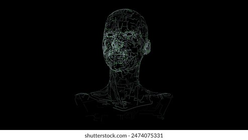 Abstract Vector Bust of a Man in Technological Style with Green and Blue Glowing Lines on a Black Background. Vector illustration