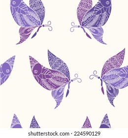 Abstract vector butterfly with doodle wings seamless pattern