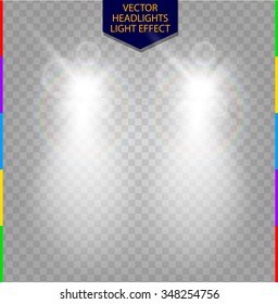 Abstract vector car front headlight white light effect. Blur glow light with lens flare on transparent background