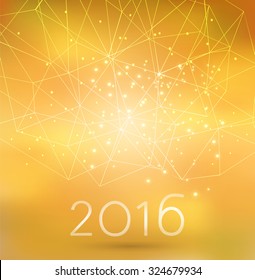 Abstract vector card 2016. Geometric grid and lights on a blurred gold foil gradient background