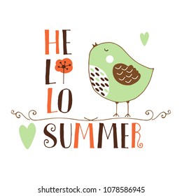 Abstract vector card with doodle bird. Hello summer print for cards, t shirts.