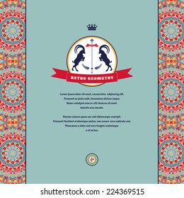 Abstract vector card. Geometric borders of multicolored figures and grid. Beautiful emblem with two goats and ribbon. Place for your text.