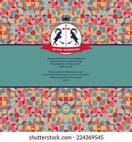 Abstract vector card. Geometric ornament of multicolored figures and grid. Beautiful round emblem with two goats and ribbon. Place for your text.