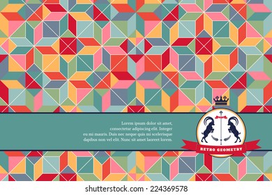 Abstract vector card. Geometric ornament of multicolored figures and grid. Beautiful round emblem with two goats and ribbon. Place for your text.