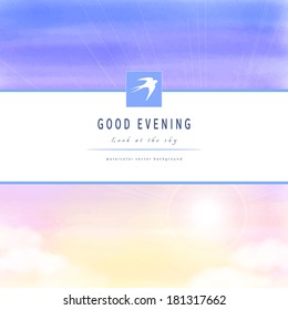 Abstract vector card. Handmade watercolor. White cloud, sun, sky and swallows. Place for your text.