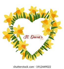 An abstract vector card illustration of a huge heart and fresh daffodils in an isolated white background for the First of March on St Davids Day