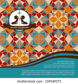 Abstract vector card. Multicolored figures and grid. Beautiful round label with two horses and ribbon. Place for your text. Perfect for greetings, invitations, announcements or cover design.