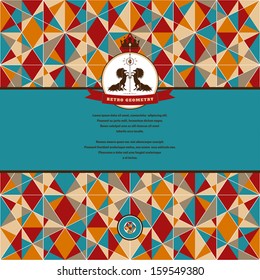 Abstract vector card. Multicolored figures and grid. Beautiful round label with two horses and ribbon. Place for your text. Perfect for greetings, invitations, announcements or cover design.