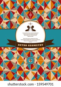 Abstract vector card. Multicolored figures and grid. Beautiful round label with two horses and ribbon. Place for your text. Perfect for greetings, invitations, announcements or cover design.