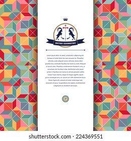 Abstract vector card. Multicolored figures and grid. Beautiful round emblem with two goats and ribbon. Place for your text.