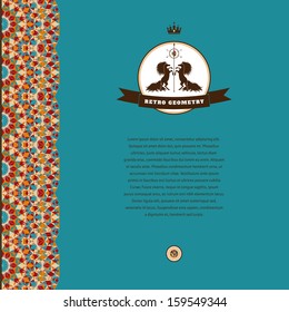 Abstract vector card. Multicolored geometric borders. Beautiful round label with two horses and ribbon. Place for your text. Perfect for greetings, invitations, announcements or cover design.