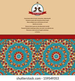 Abstract vector card. Multicolored round geometric pattern. Beautiful label with two horses and ribbon. Place for your text. Perfect for greetings, invitations, announcements or cover design.