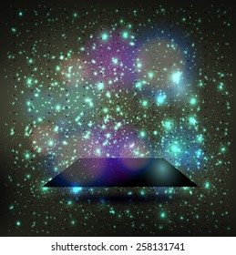 Abstract vector card with a place for text with lights flickering, bokeh and stars constellation cosmos background