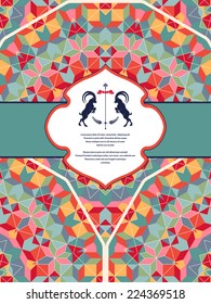 Abstract vector card.  Round geometric ornament of multicolored figures and grid. Beautiful emblem with two goats. Figured frame for your text.