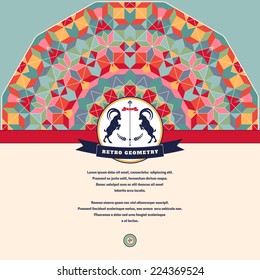 Abstract vector card. Round geometric pattern of multicolored figures and grid. Beautiful emblem with two goats and ribbon. Place for your text.