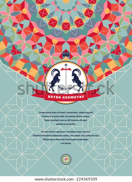 Abstract vector card. Round geometric ornament of\
multicolored figures and grid. Beautiful emblem with two goats and\
ribbon. Place for your\
text.