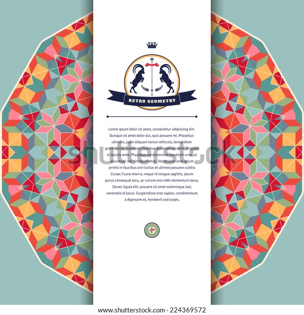 Abstract vector card. Round geometric pattern of\
multicolored figures and grid. Beautiful emblem with two goats and\
ribbon. Place for your\
text.