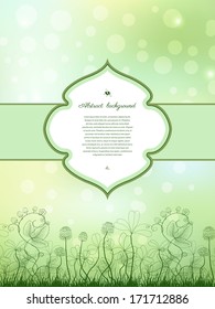 Abstract vector card. Spring or summer design. Clover and strawberry plants. Bumble bee and ladybug. Figured  frame for your text.