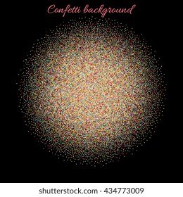 Abstract vector card template with multicolor confetti, dust glitter. 100% vector. Different colored sparkles isolated on black background. Design for wedding card, valentine, save the date, web.