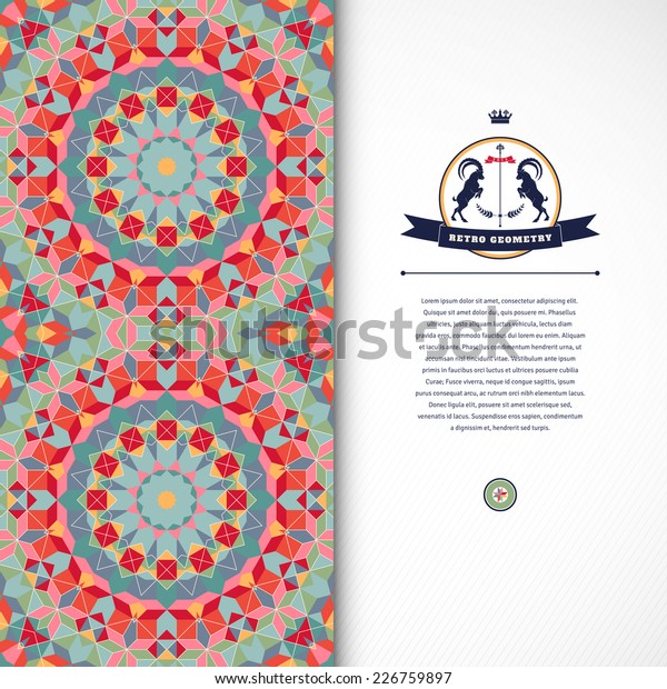 Abstract vector card.Geometric round ornament of\
multicolored figures and grid. Beautiful emblem with two goats and\
ribbon. Place for your\
text.