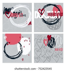 Abstract vector cards with hand drawn elements. Valentine's Day cards. 