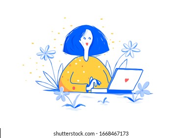 Abstract vector caricature illustration. Girl sitting at a table with a laptop. Cartoon parody style