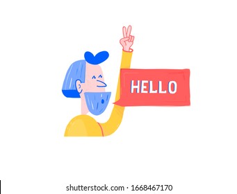 Abstract vector caricature illustration. Man with raised fingers, sign Victoria, greeting. Cartoon parody style