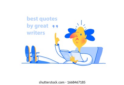 Abstract vector caricature illustration, a man sits in an armchair, reads a book with his finger raised up, quotes an excerpt. Cartoon parody style