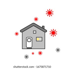 Abstract Vector Cartoon Character The House And Pandemic Of Virus Covid-19 And Germ Are Around In The Air On White Background