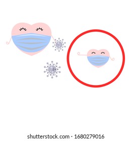 Abstrakte Vektorillustration, ein Paar scharfe Herzmuskeln, die blaue Ohrloop-Maske zum Schutz von Virus und Grippe und PM2,5 tragen, und Fernkontrolle der Infektion von anderen Menschen auf weißem Hintergrund