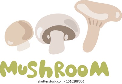 Abstract vector cartoon icon illustration for whole ripe mushroom champignon, slice fungi. Mushroom icon consisting of tasty raw food, color label. Fresh organic greenhouse champignons mushrooms