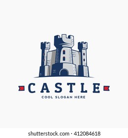 Abstract Vector Castle Label, Sign or Logo Template. Fortress Symbol. Kingdom Icon. Tower Silhouette with Flags and Typography. Isolated.