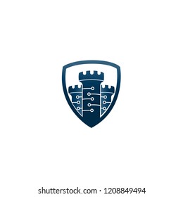abstract Vector castle tower shield logo icon. Vector castle logo combination. security technology symbol. Unique simple fortress logo design template. 