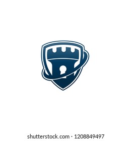 abstract Vector castle tower shield logo icon. Vector castle logo combination. security technology symbol. Unique simple fortress logo design template. 