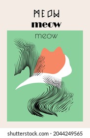 Abstract vector cat sitting turning around and outline variations isolated on green background with copy space. Meow slogan. Animal print. 