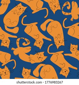 Abstract vector cats in funny sleeping poses on a classic blue background seamless pattern.