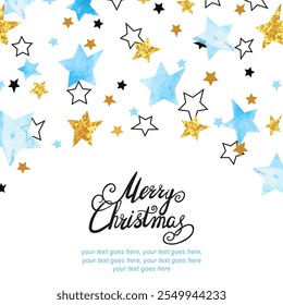 Abstract vector celebration background with blue watercolor stars. Merry Christmas card design