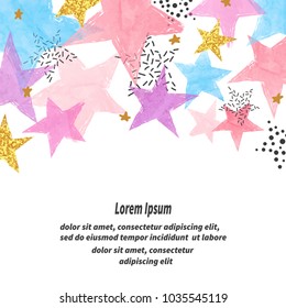 Abstract vector celebration background with colorful watercolor stars and place for text.