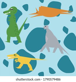 Abstract vector of a childish dinosaur pattern swatch with  T-Rex, Velociraptor, Pterodactyl, and Brachiosaurus on a teal background.