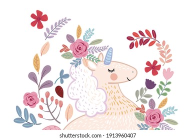 Resumen del dibujo de niños vectores, unicornio, flores, hojas y aves