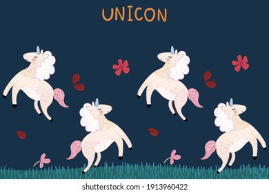Abstract vector children's drawing, unicorn, flowers, leaves and birds