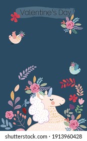 Abstract vector children's drawing, unicorn, flowers, leaves and birds