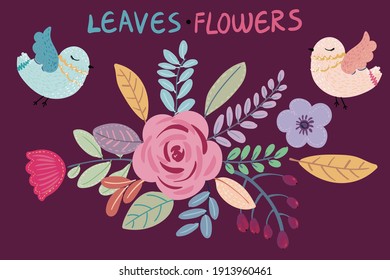 Abstract vector children's drawing, unicorn, flowers, leaves and birds